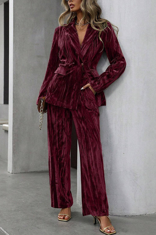 Solid Color Velvet Loose Long-sleeved Top and Elastic Waist Pocket Casual Straight-leg Pants Set