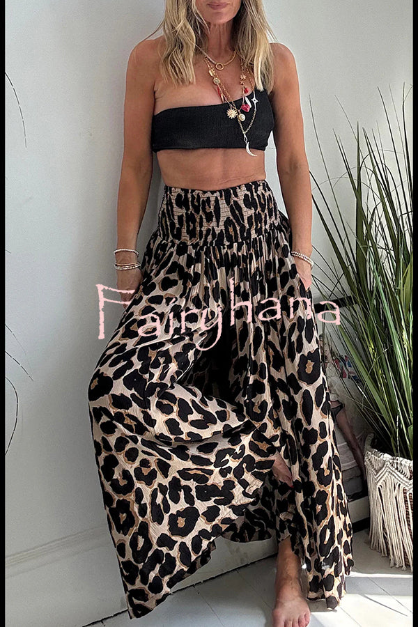 Stella Leopard Print High Rise Smocked Waist Pocketed Wide Leg Pants