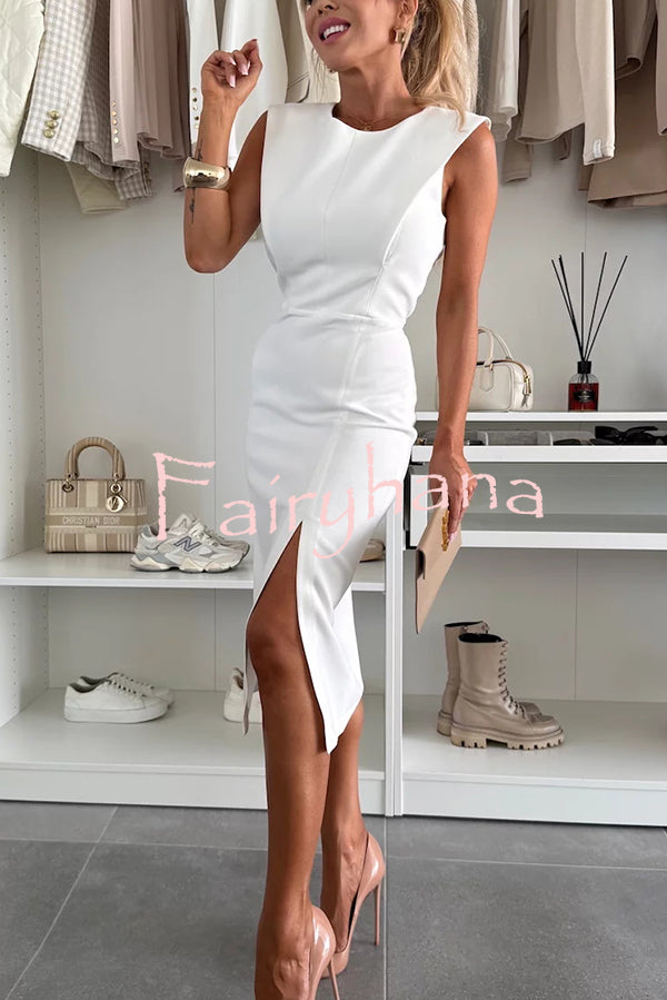 Charming Lady Solid Color Round Neck Sleeveless Waisted Slit Stretch Midi Dress
