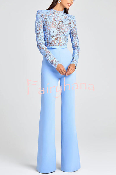 Party Charmer Flower Lace Patchwork Long Sleeve Bow Belted Flare Jumpsuit