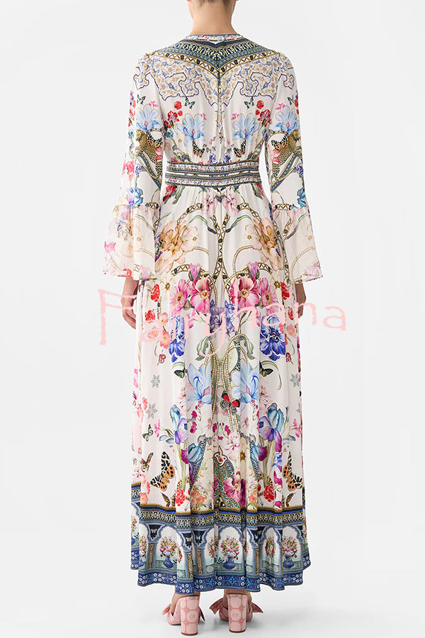 Fairy Tale Print V-Neck Lantern Sleeve Waist Maxi Dress