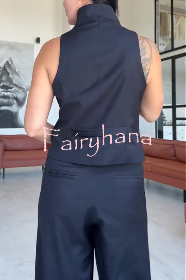 Urban Charm High Stand-up Collar Oblique Buckle Design Sleeveless Vest