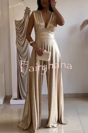Roisin Metallic Fabric Ruched Shoulder V-neck Wide Leg Drape Jumpsuit