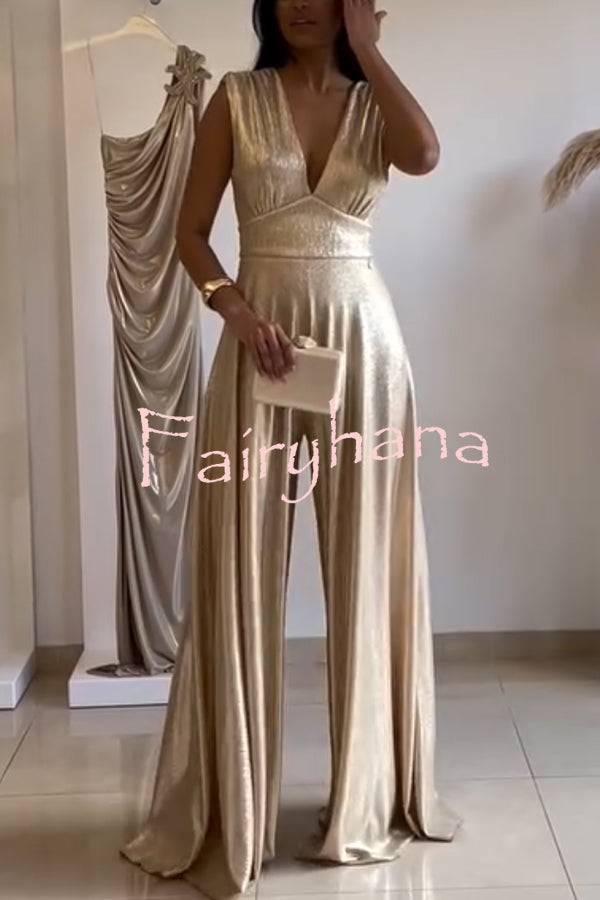 Roisin Metallic Fabric Ruched Shoulder V-neck Wide Leg Drape Jumpsuit