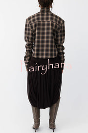 Vintage Plaid Shoulder Pad Buttons Long Sleeve Angled Hem Shirt