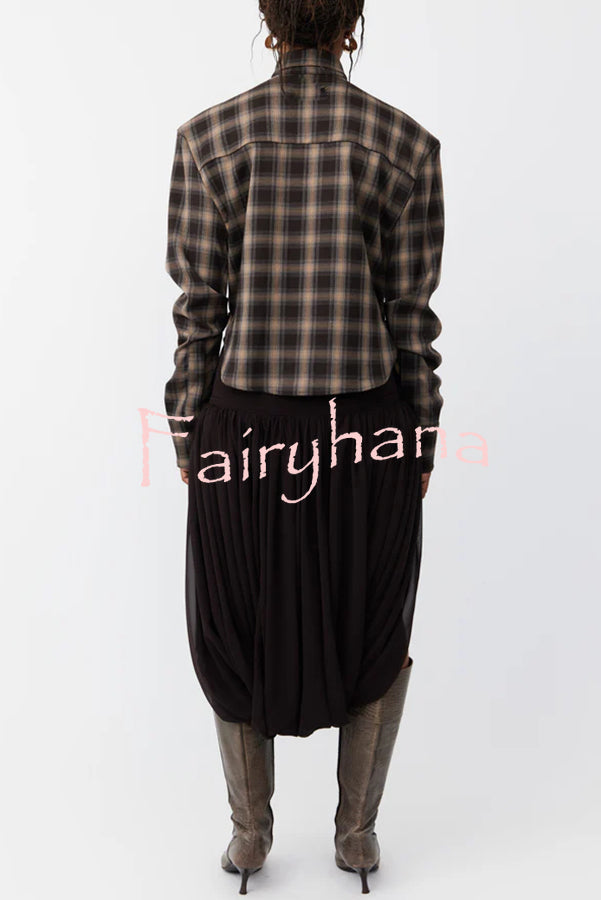 Vintage Plaid Shoulder Pad Buttons Long Sleeve Angled Hem Shirt