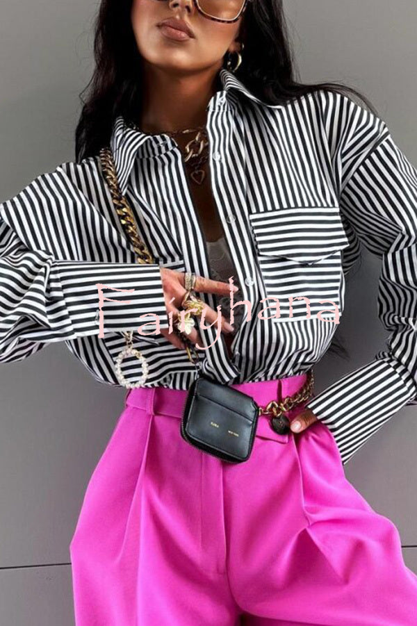 Stripe Print Lapel Long Sleeve Pocket Casual Shirt