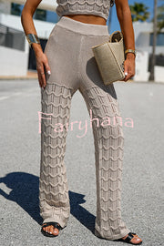 Solid Color Hollow Sleeveless Round Neck Knitted Vest and Stretch Casual Straight Pants Set