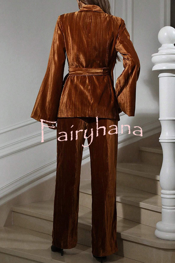 Solid Color Velvet Pleated Long-sleeved Tie Top and Casual Pocket Straight-leg Pants Set