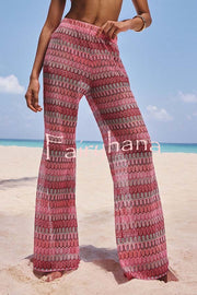 Beach Style Knit Unique Print Long Sleeve Kimono Shirt and Stretch Wide Leg Pants Set