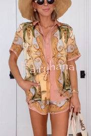 Royalty Unique Print Button Up Short Sleeve Shirt and Elastic Waist Pocketed Loose Shorts Set