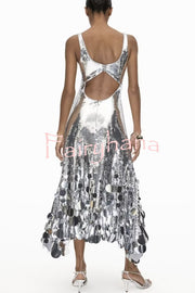 Party Tips Sequin Irregular Round Tassels Hem Back Cutout Tank Maxi Dress