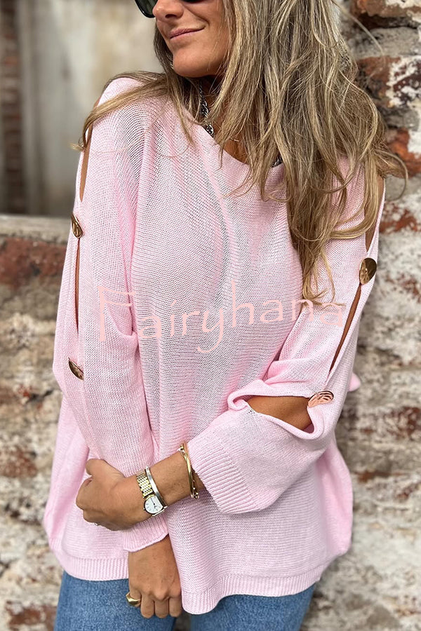 Solid Color Round Neck Hollow Long Sleeve Loose Knitted Sweater