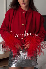 Solid Color Elegant Feather Long Sleeve Casual Knitted Cardigan