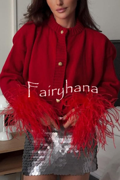 Solid Color Elegant Feather Long Sleeve Casual Knitted Cardigan