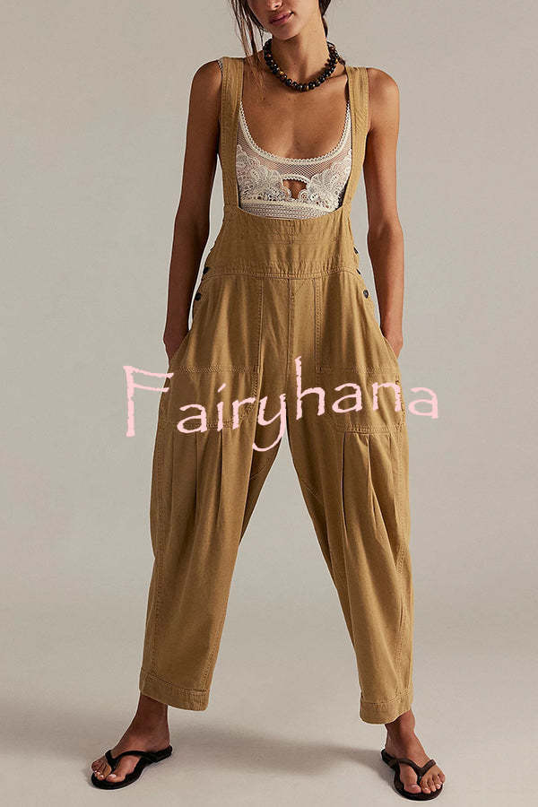 Fashionable Casual Side Pocket Button Loose Denim Overalls