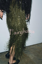 Party Crasher Layered Sequined Tassels High Rise Back Zipper Midi Skirt