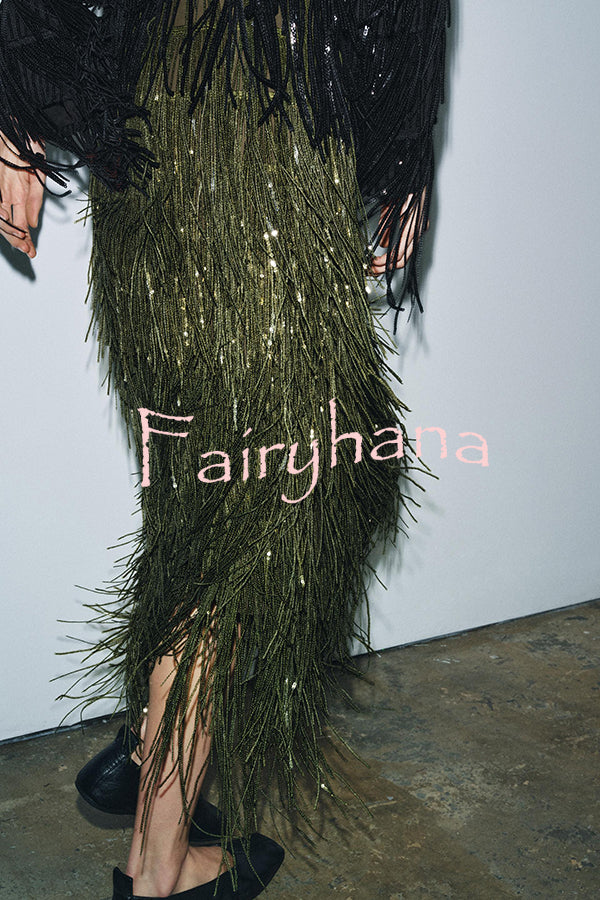 Party Crasher Layered Sequined Tassels High Rise Back Zipper Midi Skirt