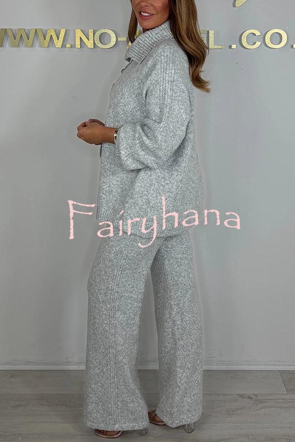 Solid Color Lapel Long-sleeved Loose Top and Elastic Waist Casual Pants Set