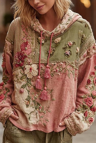 Floral Print Loose Hooded Long-Sleeved Sweatshirt