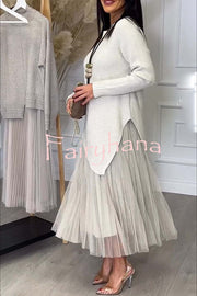 Jensine Ribbed Knit Long Sleeve Irregular Hem Loose Sweater