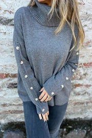 Solid Color Casual Turtleneck Button Decoration Long Sleeve Loose Knit Sweater