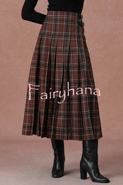 Yehudit Plaid Belt Buckle Design High Rise Pocket Midi Umbrella Skirt