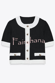 Fashionable Contrast Color Short-sleeved Button-down Top