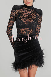 Freya Floral Lace Velvet Patchwork Feather Trim Ruched Stretch Mini Dress