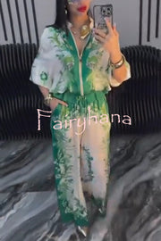 Unique Printed Casual Long-sleeved Loose Top and Elastic Waist Pocket Wide-leg Pants Set