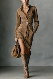 Fashion Suede Long Sleeve Waist Belt Pocket Slim Fit Mini Dress