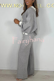 Fashion Contrast Color V-neck Loose Cardigan and Elastic Waist Casual Pants Set