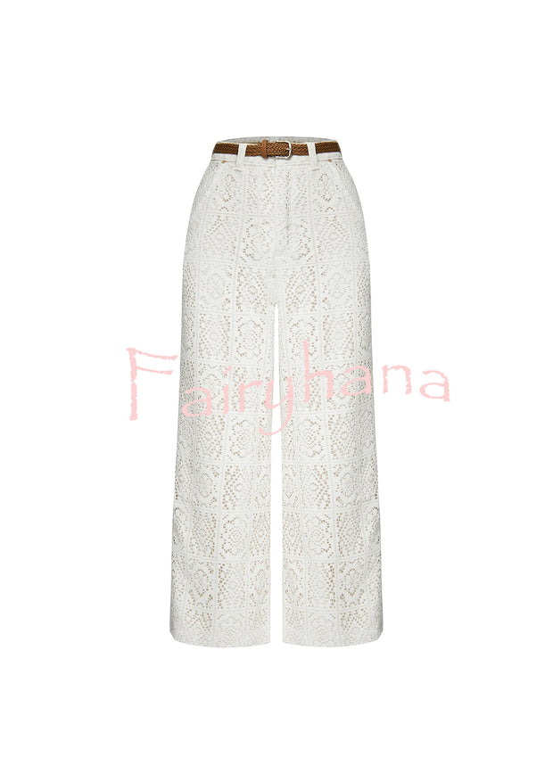 Joyful Bond Crochet Lace Mid Rise Pocketed Wide-leg Pants