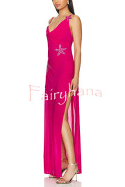 Mermaid Chiffon Starfish Sequin Asymmetric Neck Slit Maxi Dress