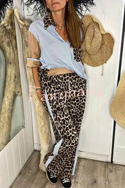 Leopard Print Patchwork Long-sleeved Loose Shirt and Elastic Waist Casual Pocket Wide-leg Pants Set