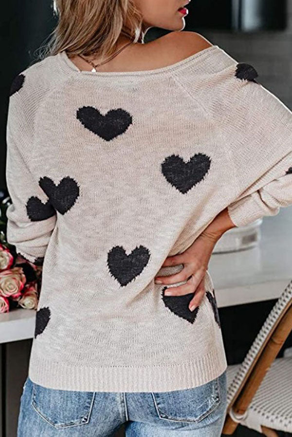 Stylish Color-blocked Heart-patterned Long-sleeved Loose Knit Sweater