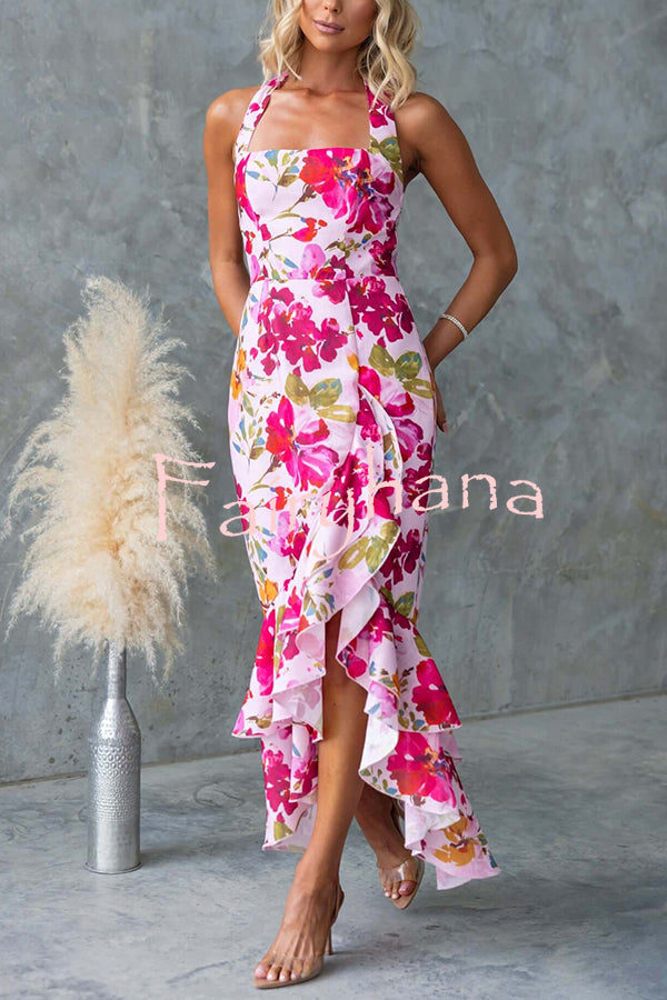 Floral Fantasy Printed Halterneck Backless Slit Ruffles Maxi Dress