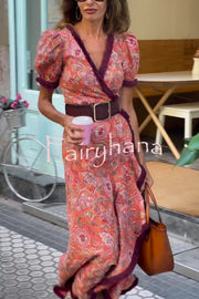 Bohemian Floral Print Elegant Puff Sleeve Holiday Maxi Dress