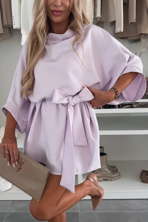 Solid Color Loose Round Neck Belted Mini Dress