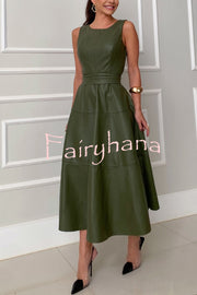 Chic Ensemble Faux Leather Princess Line Back Zipper Umbrella Midi Dress