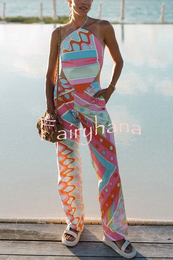 Kathy Unique Print Halter Scarf Tank and Elastic Waist Pocket Loose Pants Set