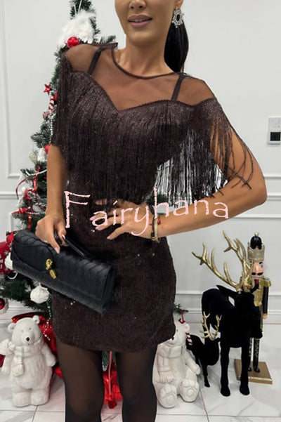 Glistening and Gorgeous Sequin Mesh Tassels Cape Sleeve Mini Dress