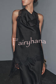 Dolly Satin Lace Trim Halter Cowl Neck Asymmetric Hem Tank