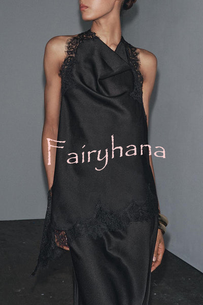 Dolly Satin Lace Trim Halter Cowl Neck Asymmetric Hem Tank