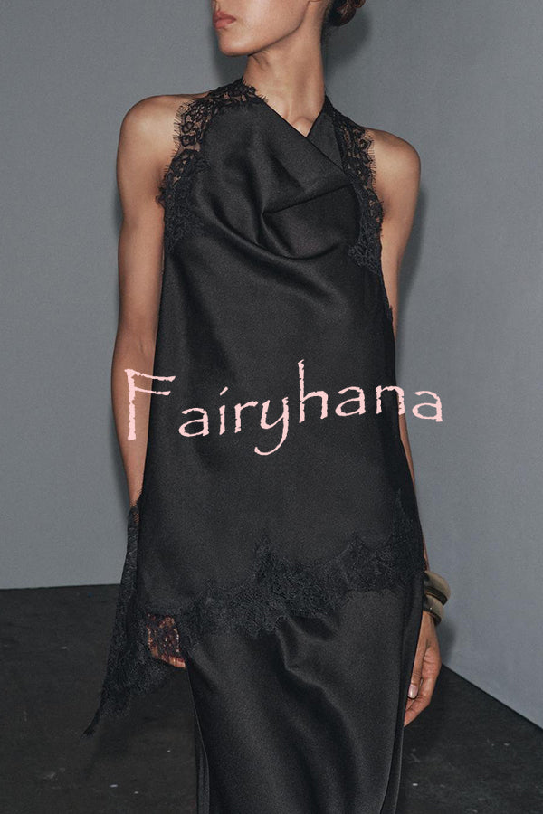 Dolly Satin Lace Trim Halter Cowl Neck Asymmetric Hem Tank