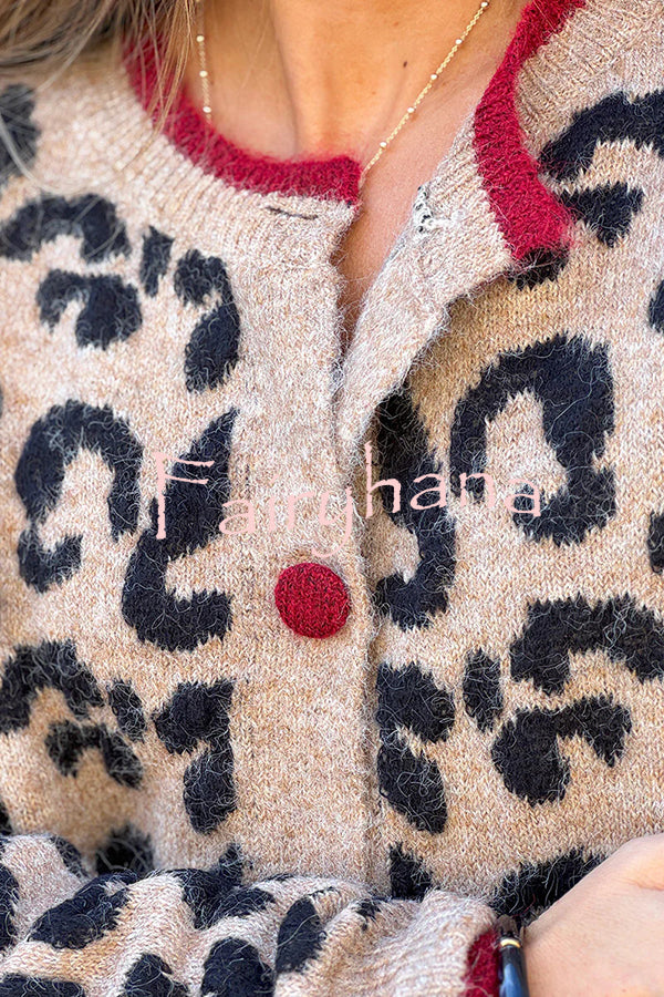 Leopard Print Crew Neck Long-sleeved Loose Knit Cardigan