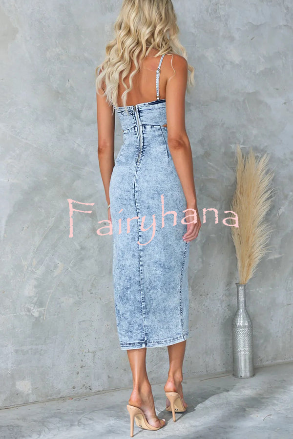 Felicia Washed Denim Princess Seams Cutout Waist Back Zipper Stretch Midi Dress