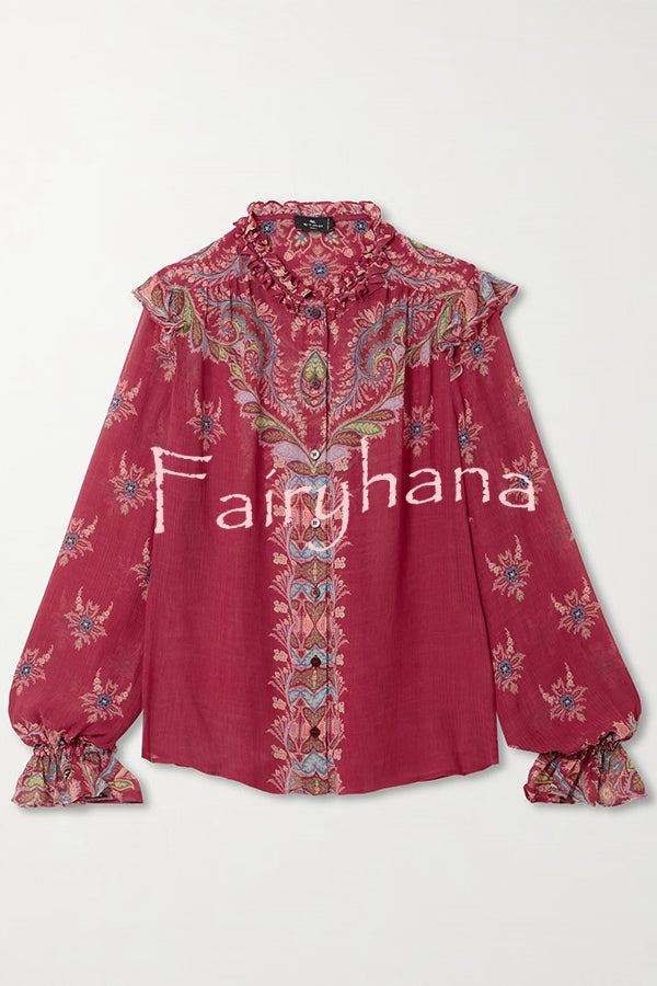 Unique Printed Chiffon Long-sleeved Loose Shirt and Elegant Ruffled Maxi Skirt Set