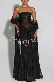 Paula Sequined Mesh and Jersey Off Shoulder Ruched Knot Drape Shawl Maxi Dress