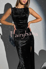 Solid Color Velvet Round Neck Sleeveless Slim Slit Maxi Dress